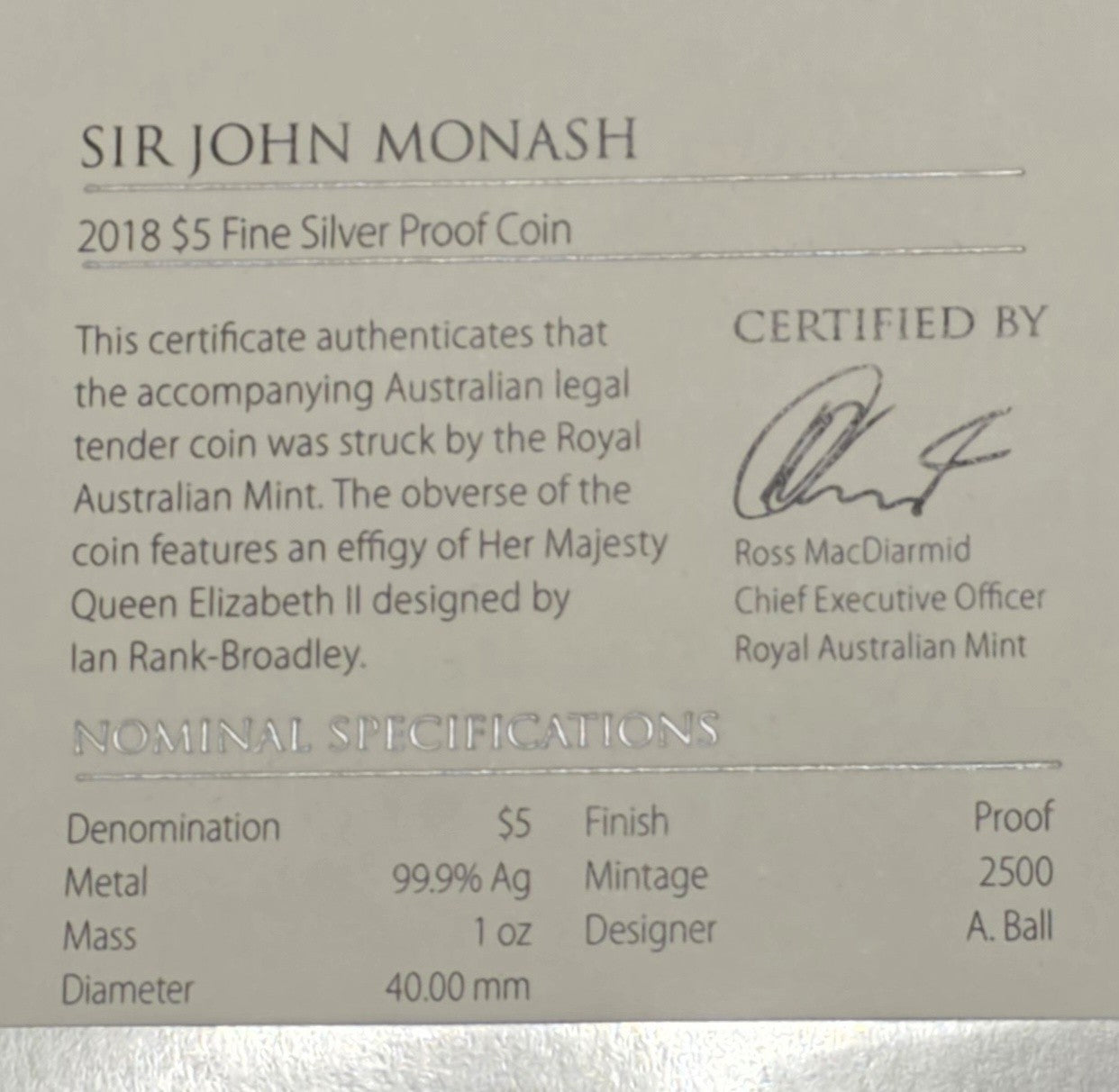 Australia 2018 $5 Five Dollar Sir John Monash 1oz 999 Silver Proof Coin