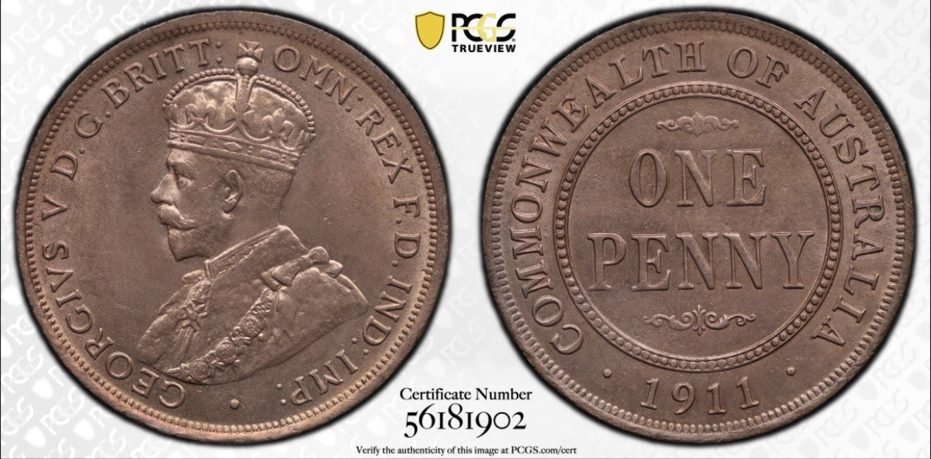 Australia 1911(L) One Penny 1d PCGS Graded MS64RD Red Copper Coin
