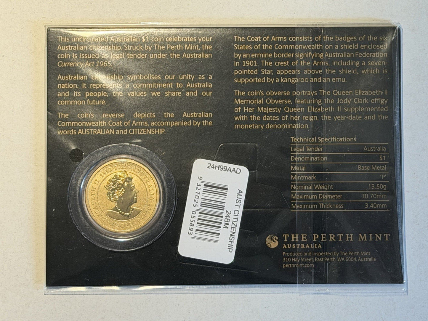 Australia 2024 $1 One Dollar Citizenship UNC Coin Perth Mint