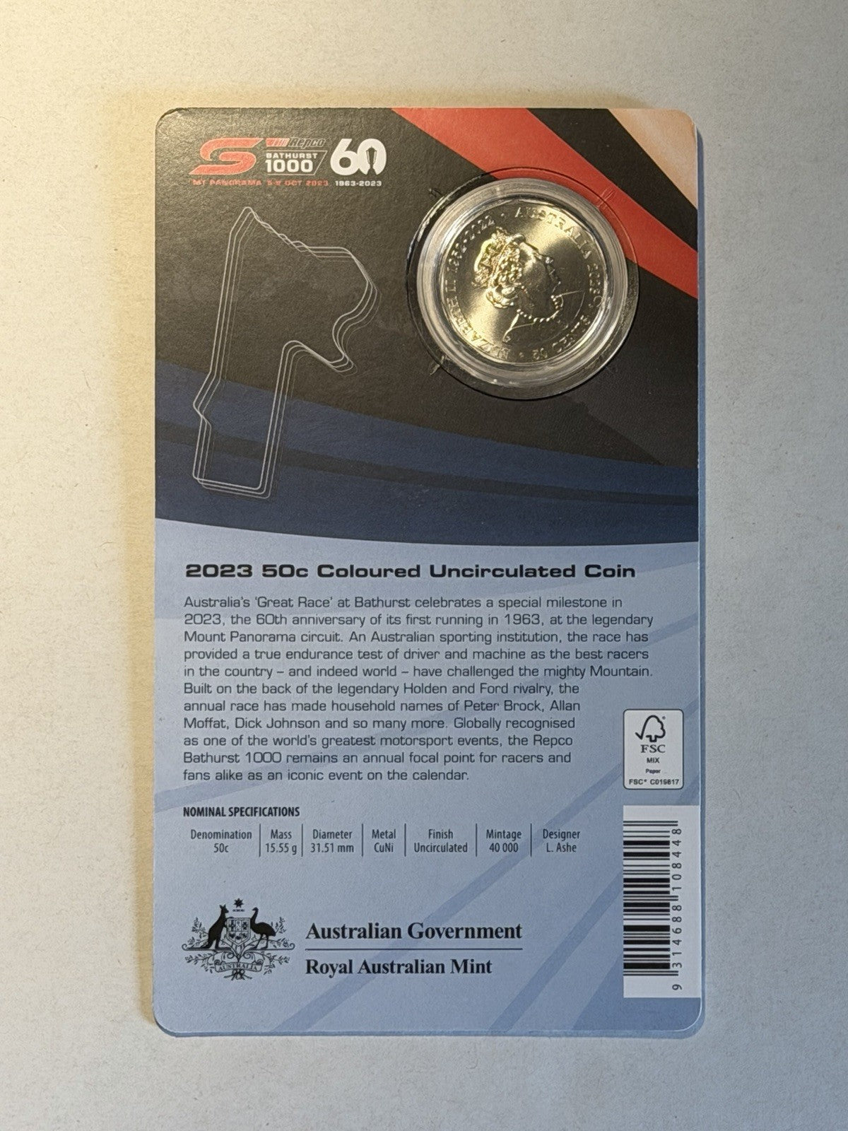 Australia 2023 50c Fifty Cents Bathurst 60th Anniversary Coloured Coin
