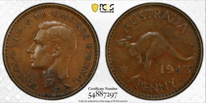 Australia 1943(Y.) Error Flipover Double Strike Penny Coin PCGS AU50