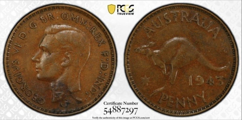 Australia 1943(Y.) Error Flipover Double Strike Penny Coin PCGS AU50