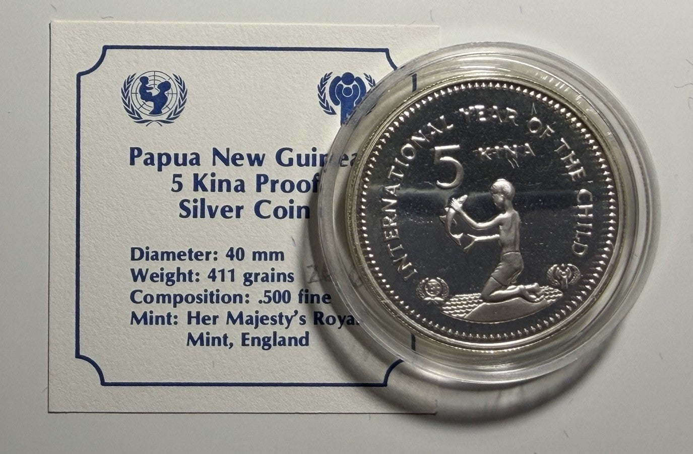 Papua New Guinea PNG 5 Five Kina Year of the Child Silver Proof Coin