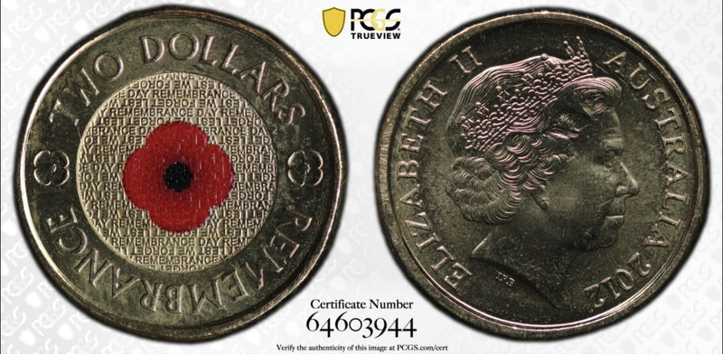 Australia 2012 $2 Two Dollars Remembrance Day Red Poppy PCGS Graded MS66 Coin