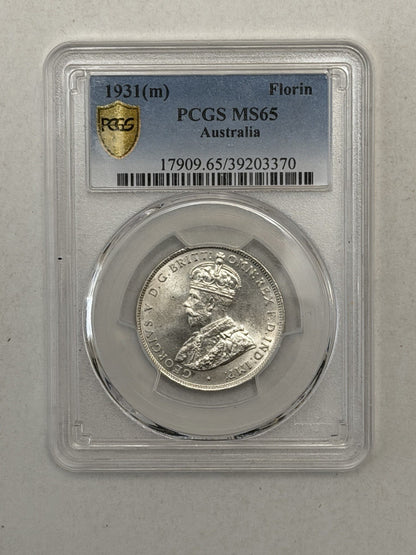 Australia 1931(m) Florin 2/- Two Shillings 92.5% Silver PCGS Graded MS65 Coin