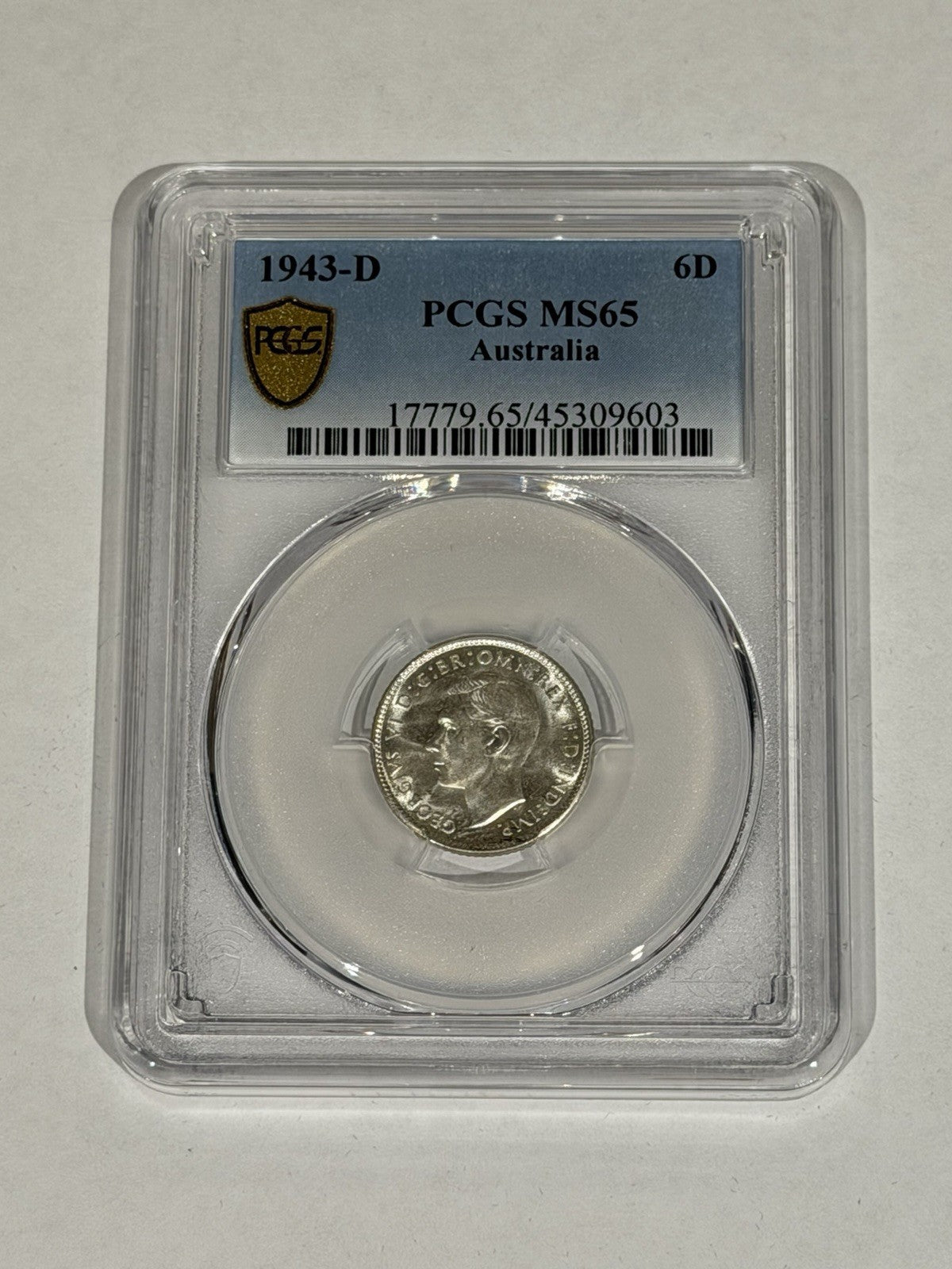 Australia 1943-D Sixpence 6d PCGS Graded MS65 GEM Silver Coin