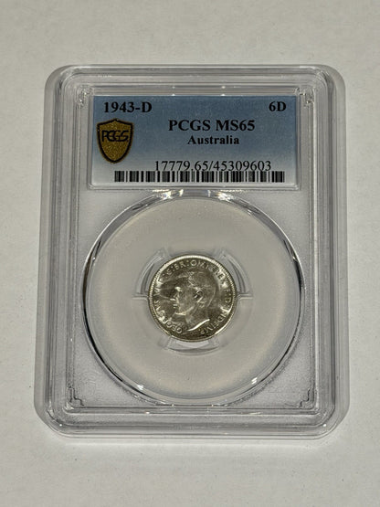 Australia 1943-D Sixpence 6d PCGS Graded MS65 GEM Silver Coin