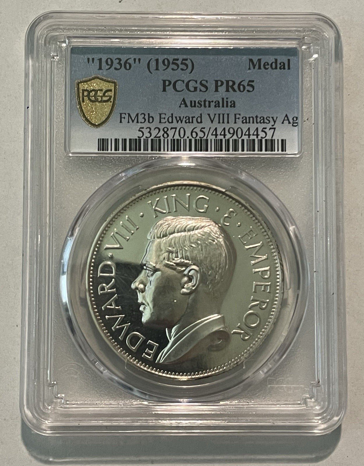 Australia 1936 (1955) Edward VII Fantasy Crown PCGS Graded PR65 Silver Medal