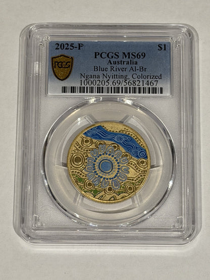 2025-P $1 One Dollar Ngana Nyitting Blue River PCGS Graded MS69 Coloured Coin
