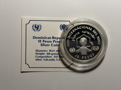 Dominican Republic 1982 10 Ten Pesos Year of Child Silver Proof Coin