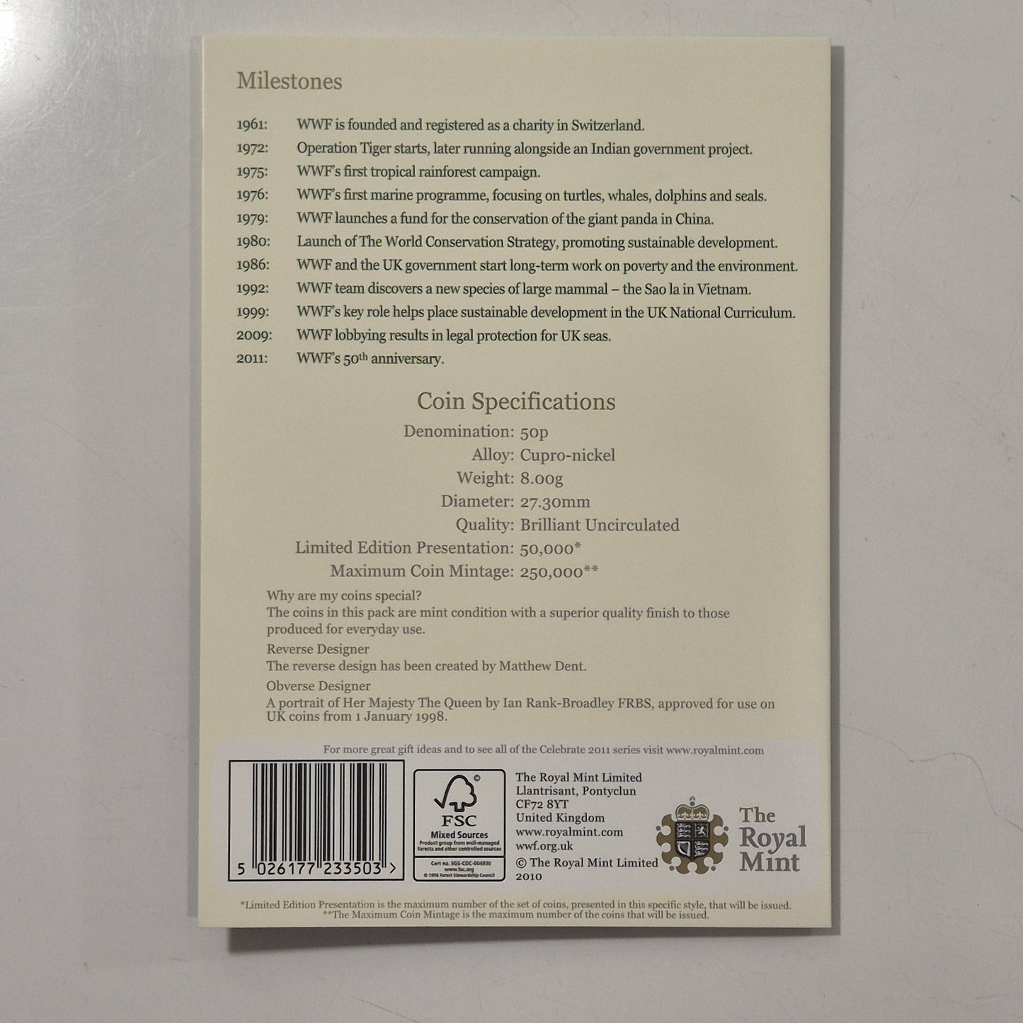 2011 Royal Mint UK GB World Wildlife Fund WWF BU 50p Pence Coin