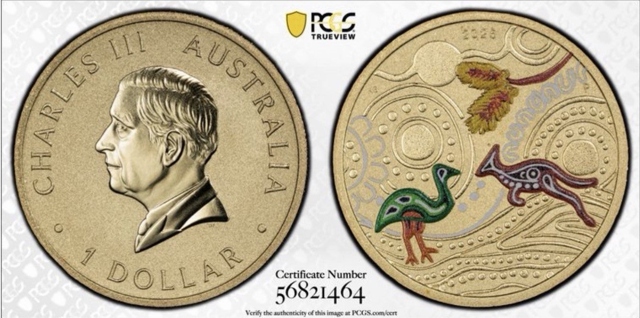 2025-P $1 One Dollar Ngana Nyitting Green Emu PCGS Graded MS69 Coloured Coin