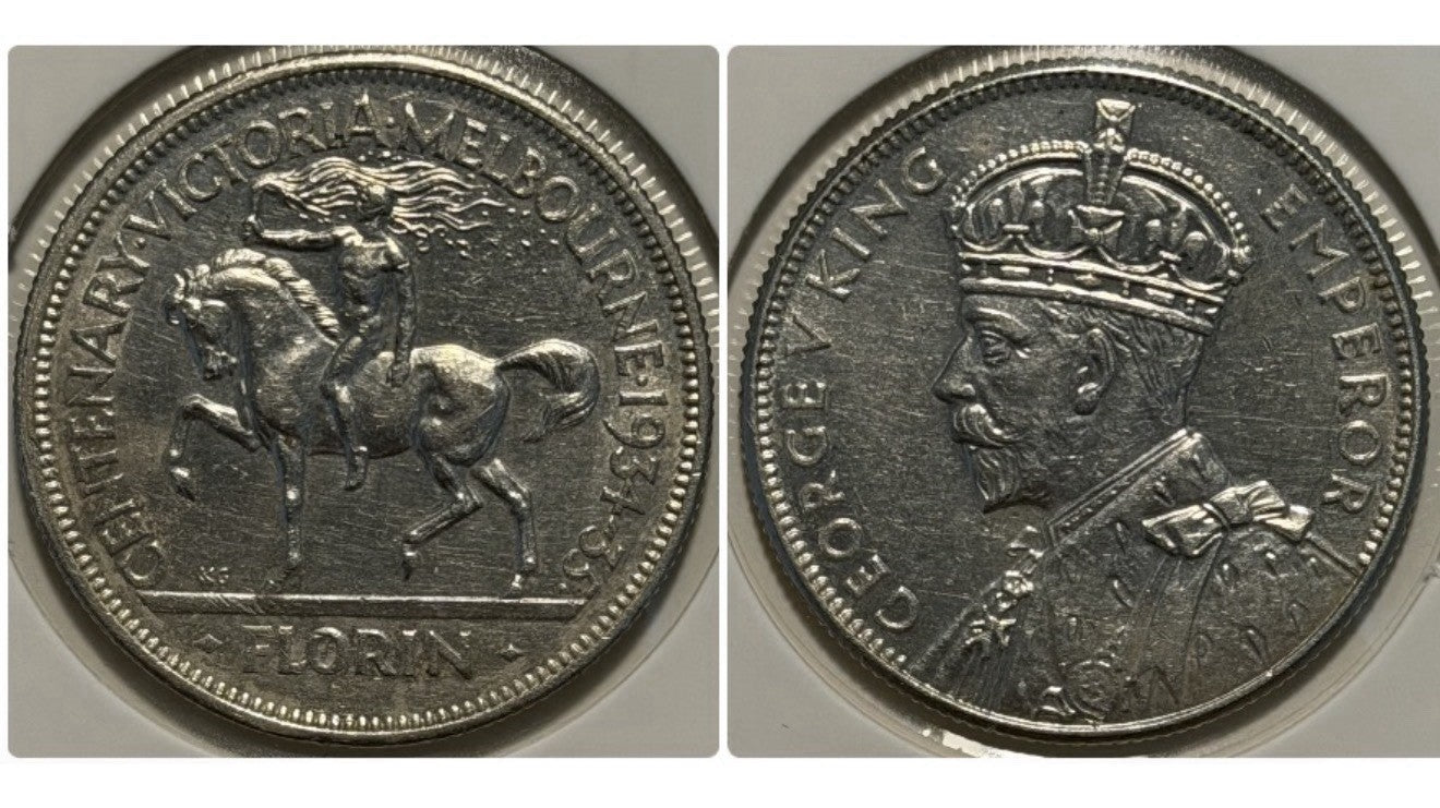 Australia 1934-35 Proof Like Type II Melbourne Centenary Florin aUNC Silver Coin
