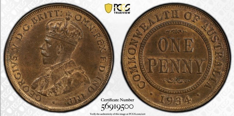 Australia 1934 One Penny 1d PCGS Graded MS63BN Copper Coin