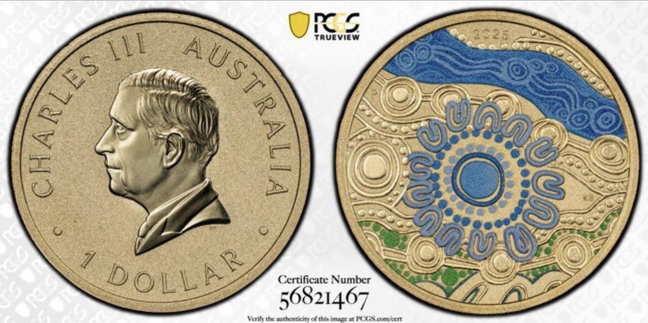 2025-P $1 One Dollar Ngana Nyitting Blue River PCGS Graded MS69 Coloured Coin