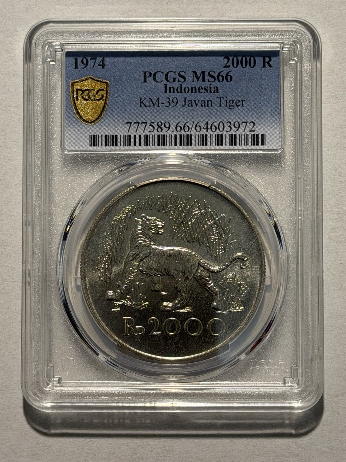 Indonesia 1974 2000Rp Rupiah Tiger PCGS Graded MS66 Silver (.500) Coin