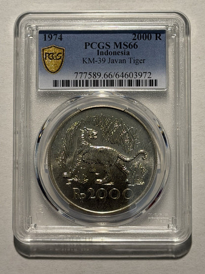 Indonesia 1974 2000Rp Rupiah Tiger PCGS Graded MS66 Silver (.500) Coin