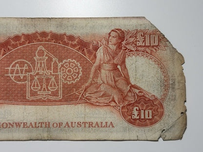 Australia 1960 £10 Ten Pound Coombs/Wilson Paper Banknote Incomplete Body Good