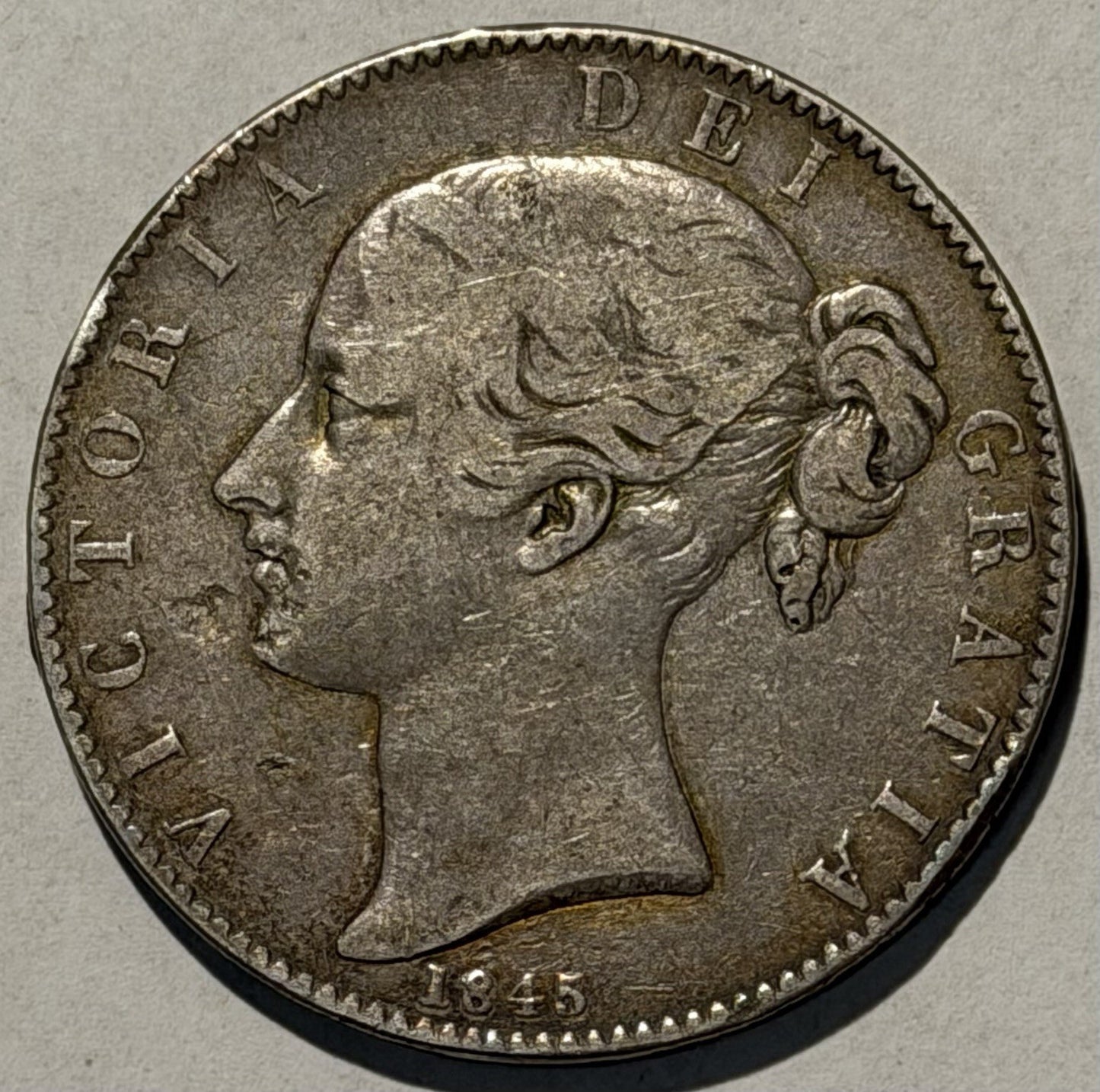 Great Britain UK 1845 Crown 5/- Five Shillings VIC Young Head Silver Coin VF