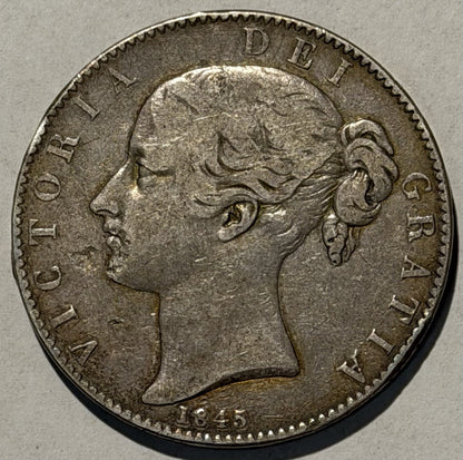 Great Britain UK 1845 Crown 5/- Five Shillings VIC Young Head Silver Coin VF