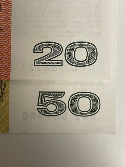 Australia $20 Twenty & $50 Fifty Dollar Paper Banknote ONE OF EACH Circ Pair 💸