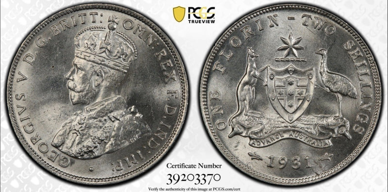 Australia 1931(m) Florin 2/- Two Shillings 92.5% Silver PCGS Graded MS65 Coin