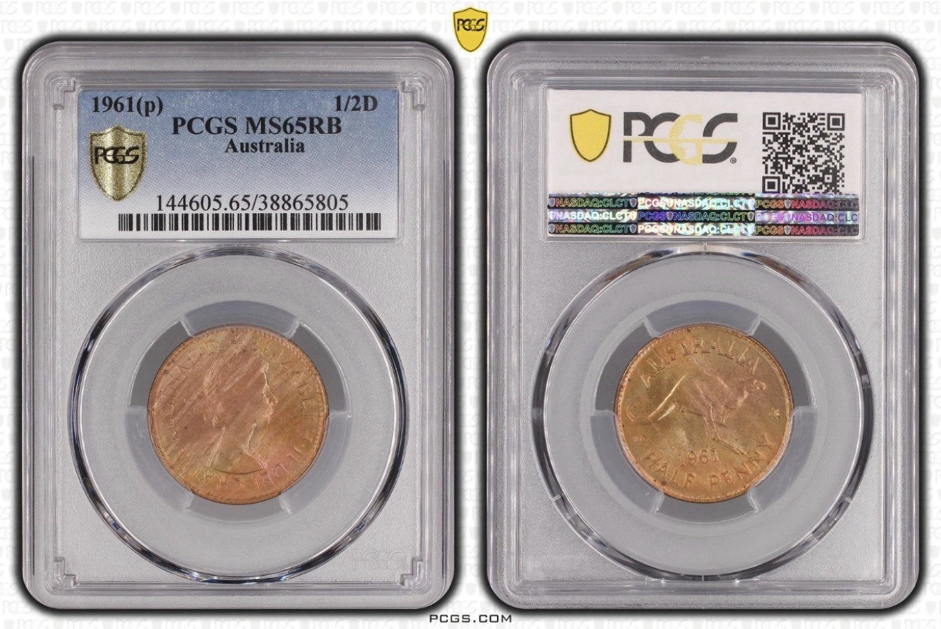 Australia 1961(p) Half Penny 1/2d PCGS Graded MS65RB Red Brown Copper Coin