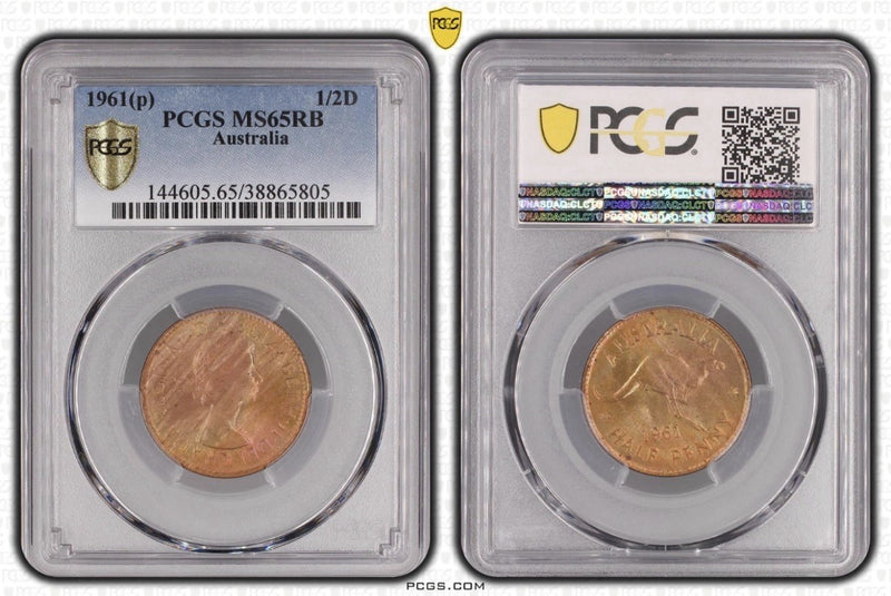 Australia 1961(p) Half Penny 1/2d PCGS Graded MS65RB Red Brown Copper Coin