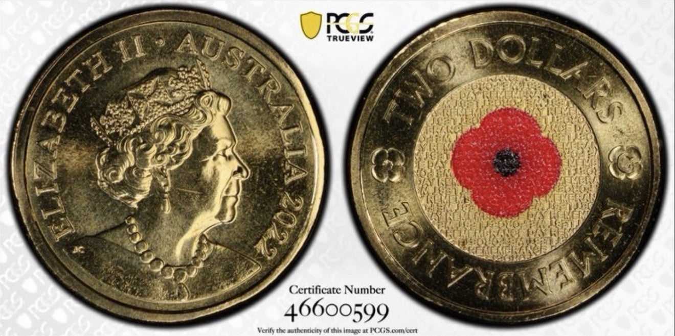 Australia 2022 $2 C Mint Mark Red Remembrance Poppy PCGS Graded MS67 UNC Coin