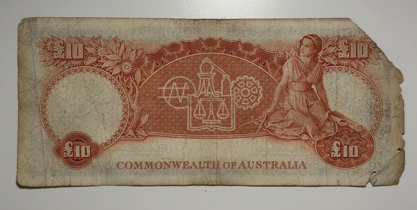 Australia 1960 £10 Ten Pound Coombs/Wilson Paper Banknote Incomplete Body Good
