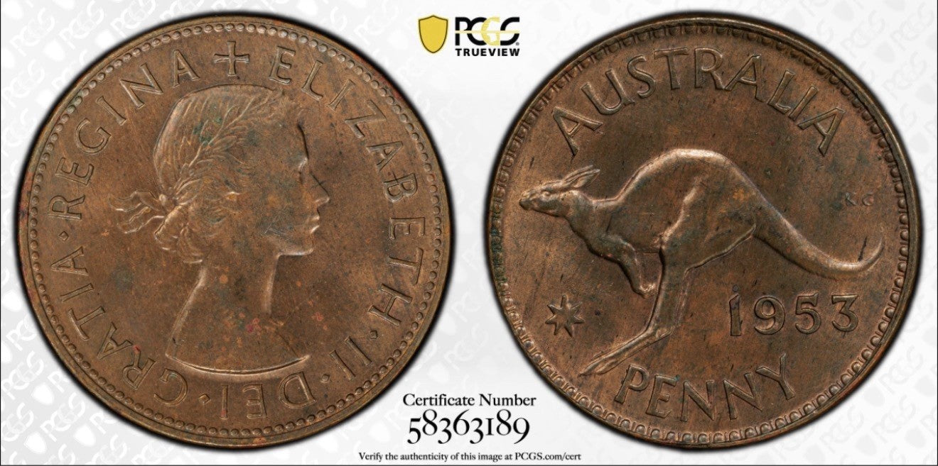 Australia 1953(m) One Penny 1d PCGS Graded MS64RB UNC Copper Coin