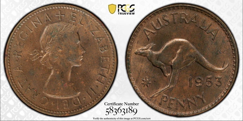 Australia 1953(m) One Penny 1d PCGS Graded MS64RB UNC Copper Coin