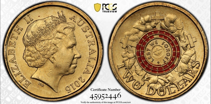 Australian 2015 MS65 Two Dollar $2 Lest We Forget Counterstamp Poppy PCGS Graded