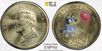 Australia 2024 Bluey w/Balloon Dollarbucks $1 PCGS Graded MS68 Coloured Coin