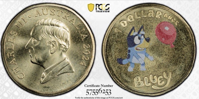 Australia 2024 Bluey w/Balloon Dollarbucks $1 PCGS Graded MS68 Coloured Coin