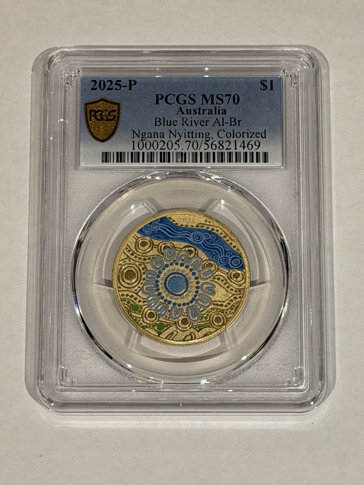 2025-P $1 One Dollar Ngana Nyitting Blue River PCGS Graded MS70 Coloured Coin