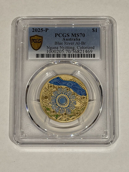 2025-P $1 One Dollar Ngana Nyitting Blue River PCGS Graded MS70 Coloured Coin