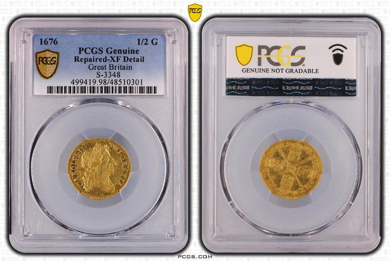 Great Britain UK 1676 Charles II Gold Half Guinea Coin PCGS XF Details RARE