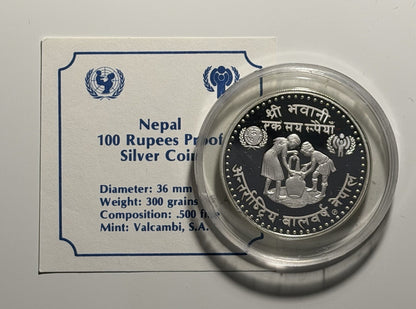 Nepal 1974 100 One Hundred Rupees Year of the Child Silver Proof Coin