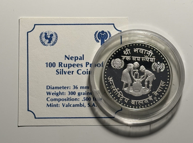 Nepal 1974 100 One Hundred Rupees Year of the Child Silver Proof Coin
