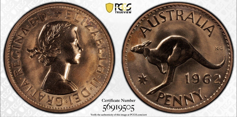 Australia 1962(p) Y. Proof One Penny 1d PCGS Graded PR65RD Red Copper Coin (56919505)
