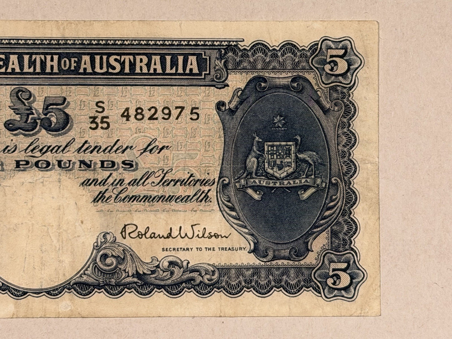 Commonwealth Australia 1952 £5 Five Pound Coombs/Wilson KGV Paper Banknote VF
