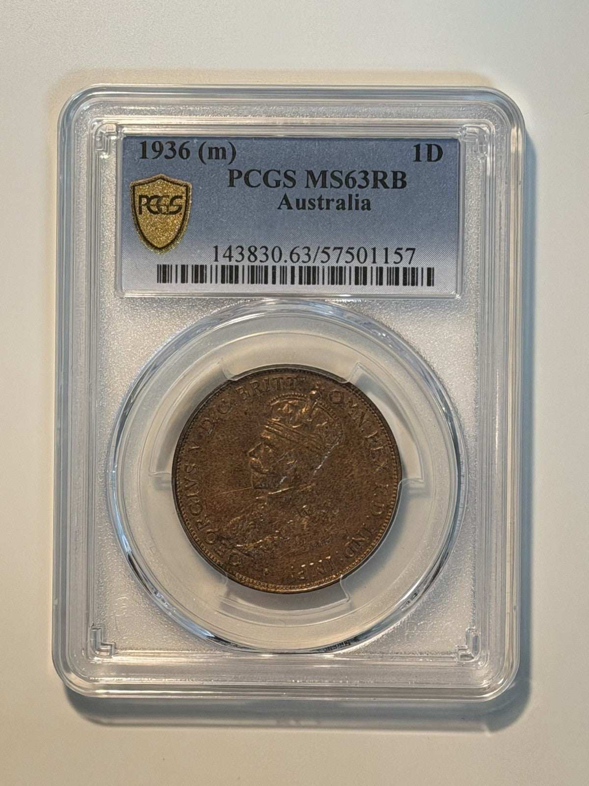 Australia 1936(m) One Penny 1d PCGS Graded MS63RB UNC Copper Coin