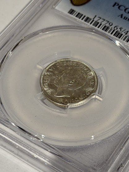 Australia 1943-D Sixpence 6d PCGS Graded MS65 GEM Silver Coin