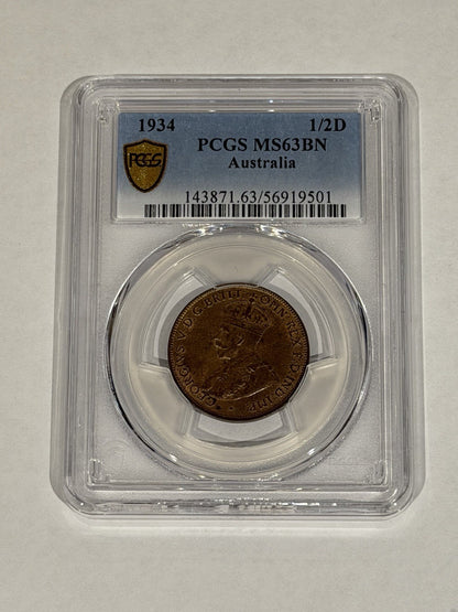 Australia 1934 One Half Penny 1/2d PCGS Graded MS63BN Copper Coin