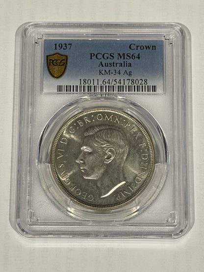 Australia 1937 Crown 5/- Five Shillings PCGS Graded MS64 Large Silver Coin