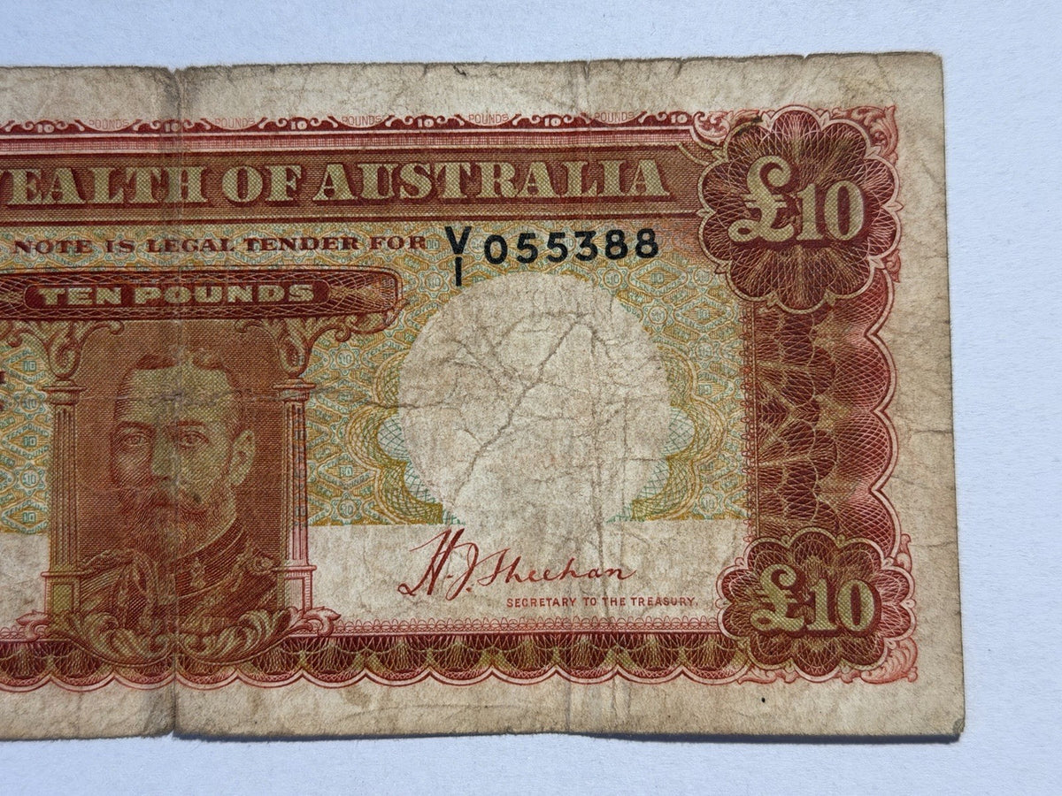 Australia 1934 Ten Pound £10 Riddle/Sheehan Paper Banknote Very Good Tear