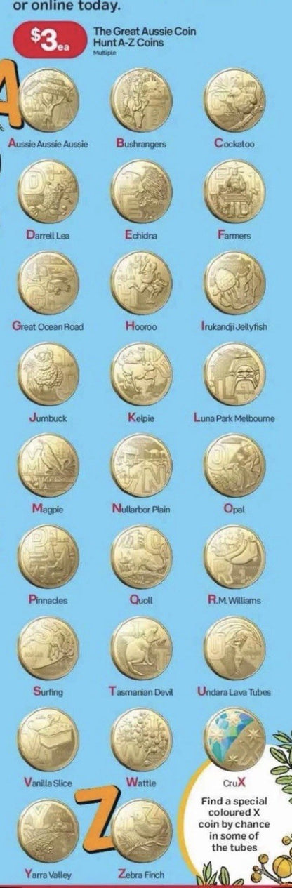 UNC 2022 Great Aussie Coin Hunt $1 Alphabet Set 26 Coins A-Z From Security Bag