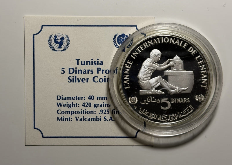 Tunisia 1982 5 Five Dinars Year of the Child Silver Proof Coin