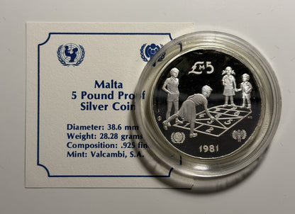 Malta 1981 5 Five Liri Year of the Child Silver Proof Coin